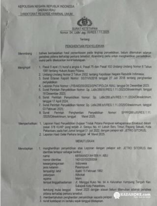 Laporan Polisi Terhadap Advokat Mirwansyah, SH Dihentikan, SP3 Dikeluarkan oleh Polda Riau